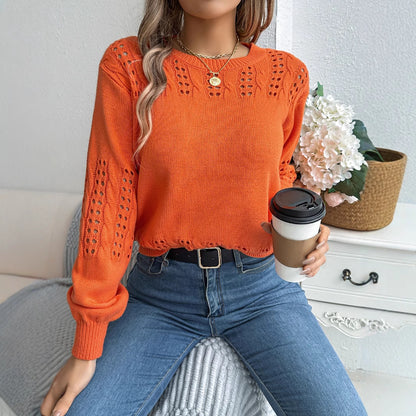 Pull en tricot à manches lanternes ajourées pour femme