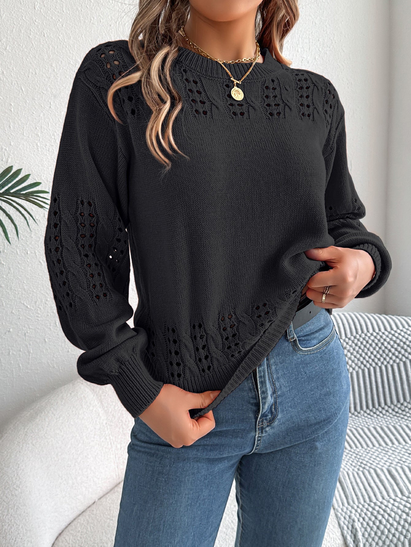 Pull en tricot à manches lanternes ajourées pour femme